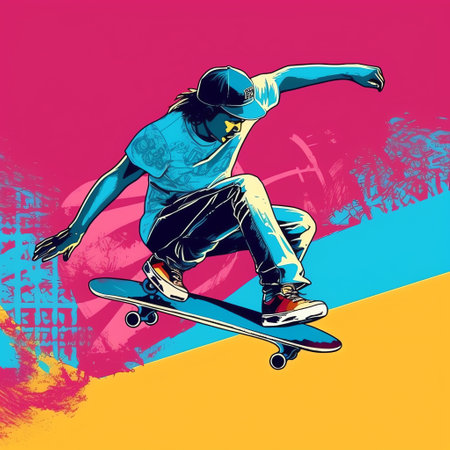 Skateboarding: Urban energy captured as a skateboarder defies gravity, performing a daring trick on a vibrant ramp in a dynamic summer sports illustration. Generative AI.の素材