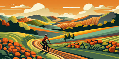 Cycling: A cyclist pedals through picturesque landscapes, embodying the freedom and joy of summer sports in a vibrant, geometric illustration. Generative AI.の素材