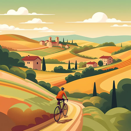 Cycling: A cyclist pedals through picturesque landscapes, embodying the freedom and joy of summer sports in a vibrant, geometric illustration. Generative AI.の素材
