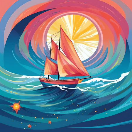 Sailing: A sailboat dances across shimmering waves, embracing the freedom and adventure of sailing in a captivating summer sports illustration. Generative AI.の素材