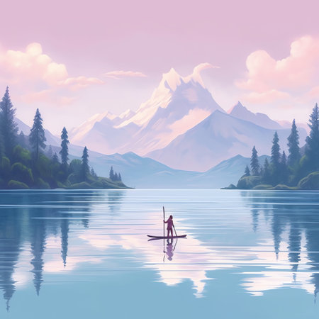 Stand-Up Paddleboarding: Serene figure glides atop calm waters, surrounded by nature's beauty, capturing the peaceful essence of paddleboarding. Generative AI.の素材