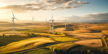 Wind power with wind turbines and plants. Generative AI.の素材