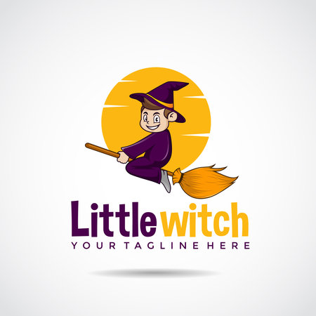 Little Witch logo template with a flying broom. Vector Illustratorのイラスト素材