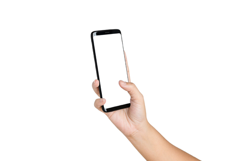 Hand holding cell phone blank on white screen , isolated white backgroundの写真素材