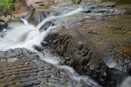 View of Kbal Spean the mystery waterfall on Kulen mountains range of the ancient Khmer empire in Siem Reap province of Cambodia.の写真素材