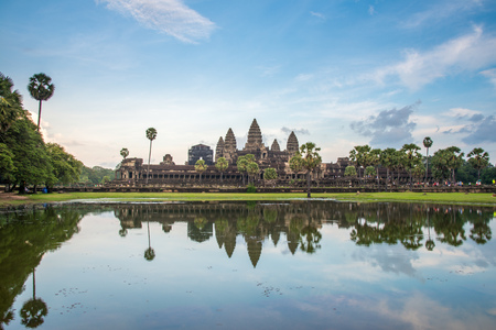 View of the reflection of an Angkor Wat in Siem Reap, Cambodia.の写真素材