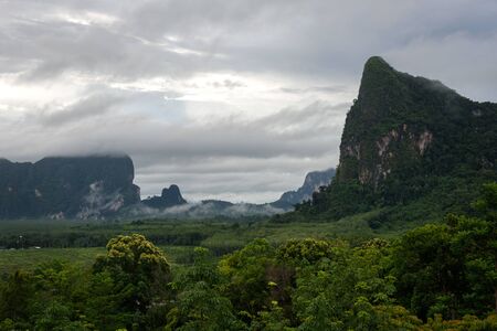 The scenery of the fog over the mountain in sunset time at Krabi province, Thailand.の写真素材