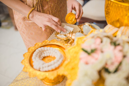 The bride is preparing things for her wedding ceremony in Thai style.の写真素材