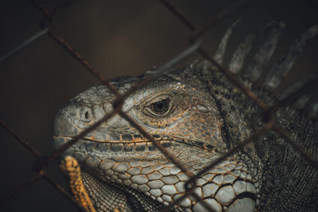 Close-up view of green iguana in the cage.