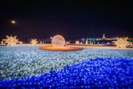 The scenery of the LED light bulb decorated as stars at the Village of Illumination at Singha Park Chiang Rai, Thailand.の写真素材