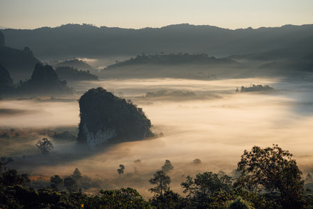 The scenery of Phu Langka in the morning sunrise at Phayao province, Thailand.の写真素材