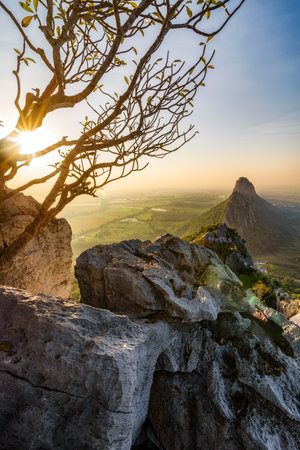 View from the peak of Khao Nor in the morning sunrise in Nakhon Sawan, Thailand.の写真素材
