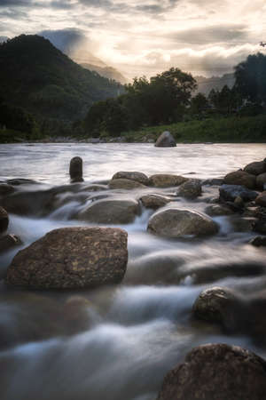 The beautiful scenery of the long-exposure of the river at Khiriwong village, Nakhon Si Thammarat, Thailand.の写真素材