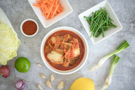 Homemade kimchi and vegetable ingredients.の写真素材