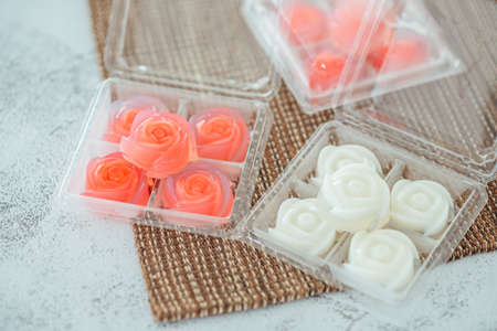 A set of Thai jelly desserts in the plastic package. (selective focus)の写真素材