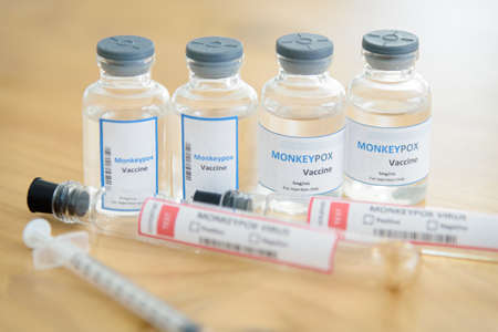 Vaccine vial for Monkeypox and antigen blood test tube.の写真素材