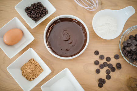 Top view of ingredients for a baking chocolate brownie or cake.の写真素材