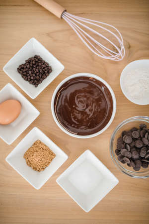 Top view of ingredients for a baking chocolate brownie or cake.の写真素材