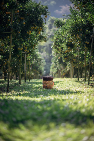 A basket in the orchard or orange garden.の写真素材