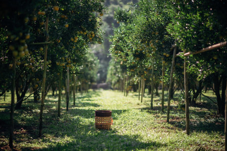 A basket in the orchard or orange garden.の写真素材