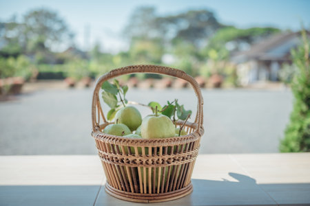 A basket of ripe guavas, a tropical fruit with a sweet aroma.の写真素材