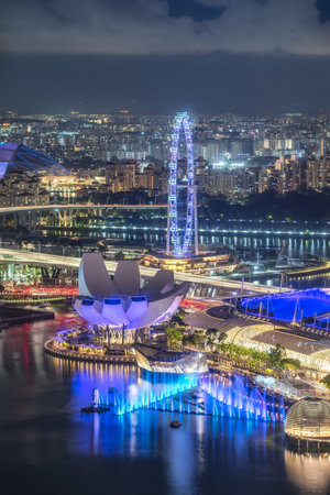 Experience the breathtaking night view of Singapore's skyline featuring a vibrant Ferris wheel and modern architecture against a stunning backdrop.の写真素材