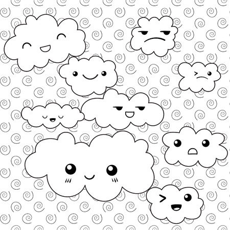 Cute cloud coloring book page. Funny clouds emotions. Vector illustration.のイラスト素材