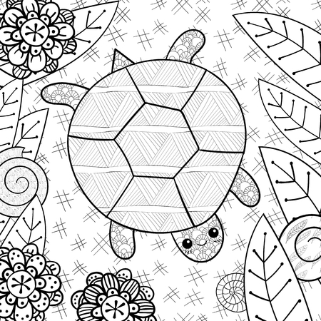 Cute turtle adult coloring book page. Happy smiling turtle in garden. Whimsical line art vector illustration.のイラスト素材