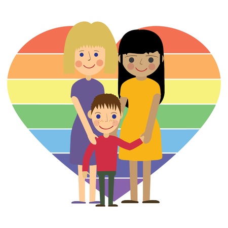 Gay family. Two women with child. Flat vector illustration isolated with lgbt sign background.のイラスト素材
