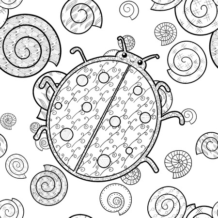 Cute ladybird adult coloring book page. Happy smiling ladybird with shells background. Whimsical line art vector illustration.のイラスト素材