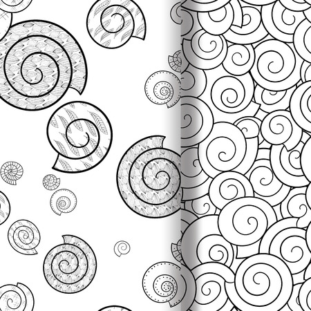 Set of seamless Shells patterns. Hand-drawn decorative elements in vector. Pattern for coloring book. Black and white zentangle pattern for adult coloring pages.のイラスト素材