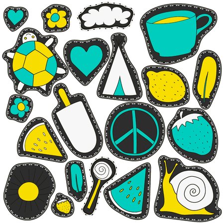 neon stickers and embroidery patches collection vintage style. Pin trendy label patch sticker coffee, feather, pacific sign, watermelon, strawberry, ice cream, lollipop candy, cloud, heart vector illustration decoration.のイラスト素材