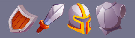 Set of medieval shields and swords. Vector illustration in cartoon style.のイラスト素材