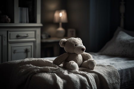 Teddy bear on the bed in the dark room. Toned.の素材