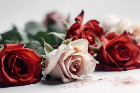 Red and white roses on a white background. Valentines day concept.の素材