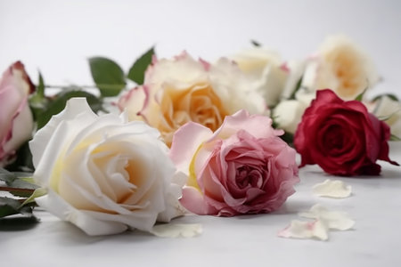 White and pink roses on a white background, shallow depth of fieldの素材
