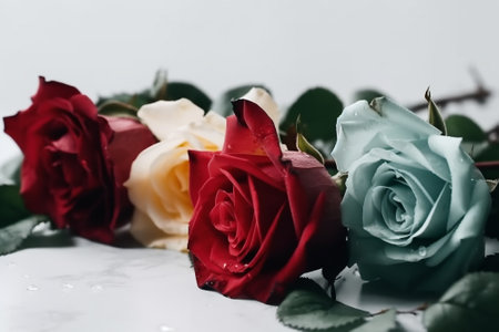 close-up view of beautiful multicolored roses on white surfaceの素材