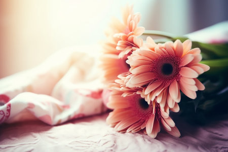 Bouquet of pink gerbera flowers on the bed.の素材