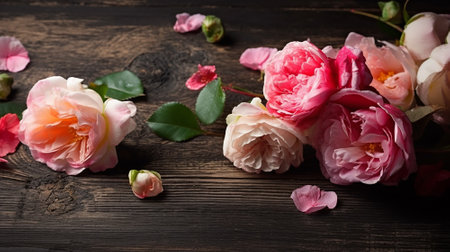 Camellia and roses on wooden background. vintage styles.の素材