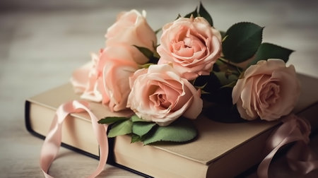 Bouquet of pink roses and a book on a wooden backgroundの素材