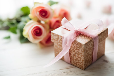 Gift box with pink ribbon and roses on white wooden background.の素材
