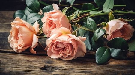 Pink roses on a wooden table. Vintage style toned picture.の素材