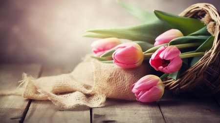 Bouquet of pink tulips in a basket on a wooden backgroundの素材