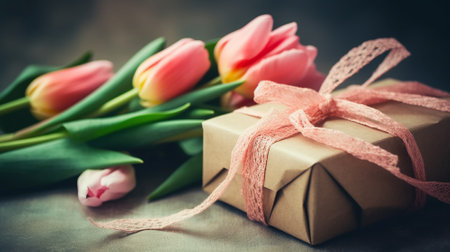 Bouquet of tulips and gift box on rustic backgroundの素材