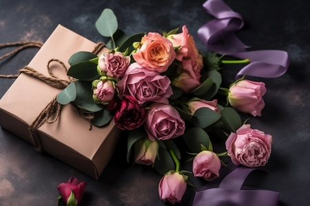 Beautiful bouquet of pink roses and gift box on dark backgroundの素材
