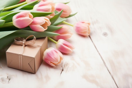 Bouquet of pink tulips and gift box on a white wooden backgroundの素材