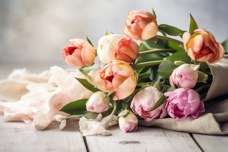 Bouquet of pink tulips on a white wooden background.の素材