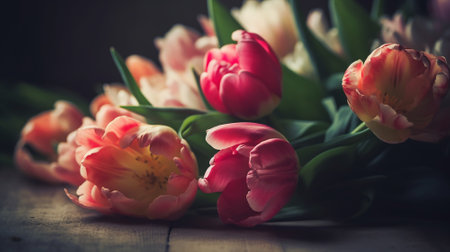 Bouquet of pink and white tulips on a wooden backgroundの素材
