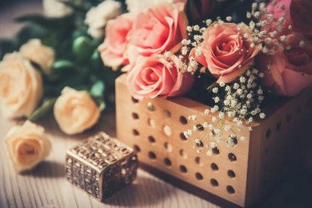 Bouquet of roses and a gift box on a wooden backgroundの素材