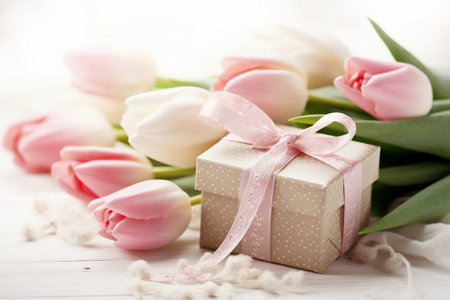 Bouquet of pink and white tulips with gift box on white wooden backgroundの素材